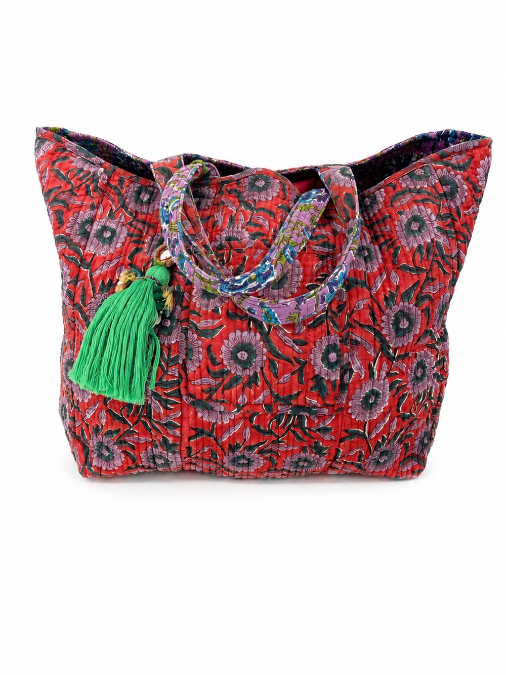 Erin Made Calla Reversible Tote floral red 0818 purple quilted tassel charms
